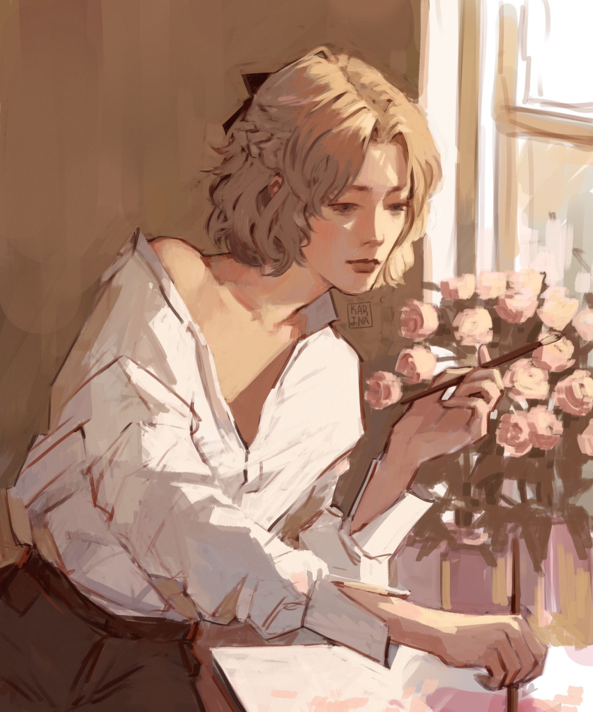 1girl, albedo_(genshin_impact), blonde_hair, blouse, bouquet, bow, brown_eyes, cowboy_shot