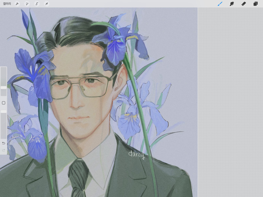 1boy, :|, art_program_in_frame, black_coat, black_eyes, black_hair, black_necktie, blue_flower