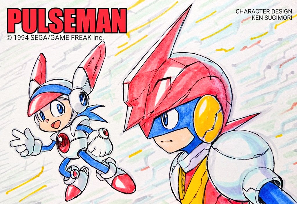 2boys, armor, blue_eyes, closed_mouth, commentary_request, copyright_name, gloves, heika_(heikahp), helmet, looking_at_viewer, male_focus, multiple_boys, open_mouth, prototype_design, pulseman, pulseman_(character), red_shoes, shoes, smile, spark_(pulseman), traditional_media, v, white_gloves