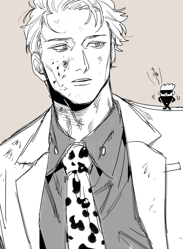 2boys, animal_print, blindfold, blood, blood_on_face, chanko_neru, chibi, commentary_request