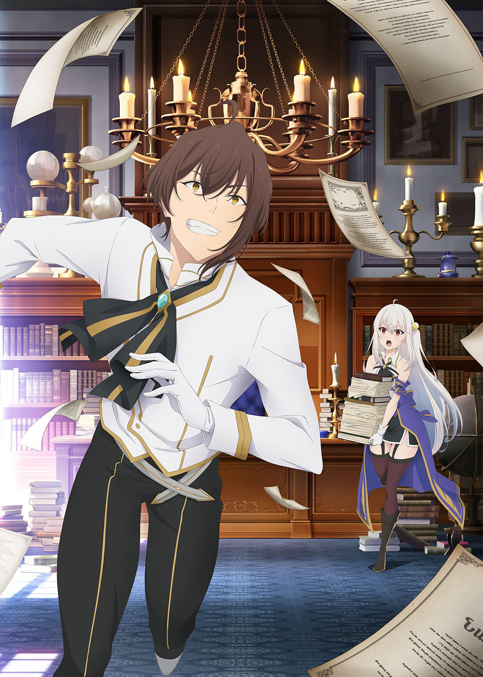 1boy, 1girl, ahoge, anime_coloring, ascot, bare_shoulders, belt, black_ascot, black_garter_straps, black_pants, black_thighhighs, book, bookshelf, breasts, brooch, brown_hair, collared_shirt, crossed_bangs, fleeing, full_body, garter_straps, gloves, hair_between_eyes, hair_ornament, highres, holding, holding_book, indoors, jewelry, key_visual, long_hair, long_sleeves, ninym_ralei, official_art, one_side_up, open_mouth, ouji_ryuunosuke, pants, paper, promotional_art, red_eyes, shirt, sidelocks, skirt, sleeveless, sleeveless_shirt, teeth, tensai_ouji_no_akaji_kokka_saiseijutsu, thigh-highs, thighs, very_long_hair, wein_salema_arbalest, white_belt, white_gloves, white_hair, white_shirt