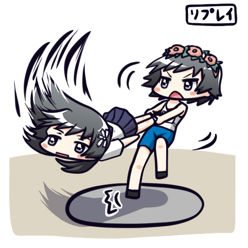 black_hair, blush_stickers, flower, hair_flower, hair_ornament, hammer_throw, head_wreath, long_hair, moja_(gibson), open_mouth, saten_ruiko, short_hair, shorts, skirt, tank_top, to_aru_kagaku_no_railgun, to_aru_majutsu_no_index, track_and_field, uiharu_kazari