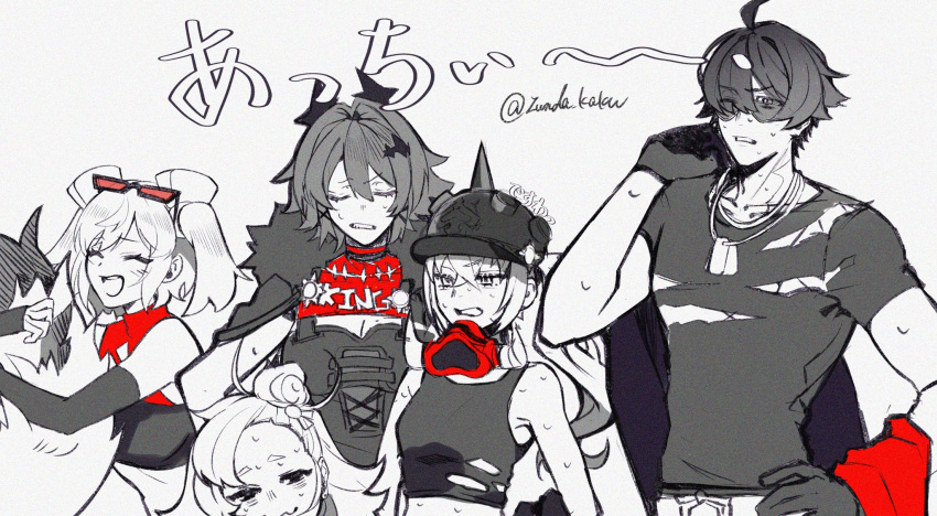 1boy, 4girls, bare_shoulders, black_helmet, black_jacket, burnice_white, caesar_king_(zenless_zone_zero), closed_eyes