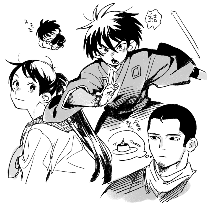 1girl, 2boys, blush, buzz_cut, chanko_neru, chibi, commentary_request, facial_hair