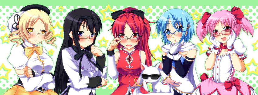 bespectacled, black_hair, blonde_hair, blue_eyes, blue_hair, blush, cape, drill_hair