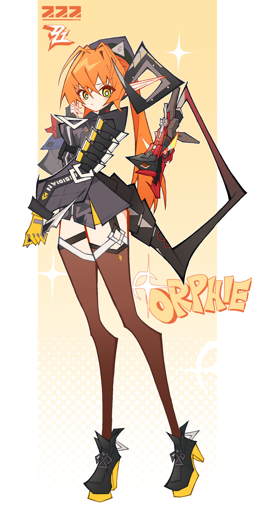1girl, 1other, absurdres, ammunition, asymmetrical_gloves, black_horns, black_jacket, black_shoes