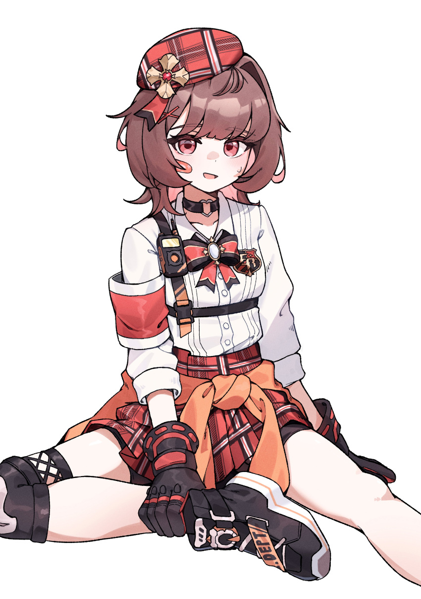 absurdres, armband, badge, bandaid, bandaid_on_face, beret, bike_shorts, black_choker