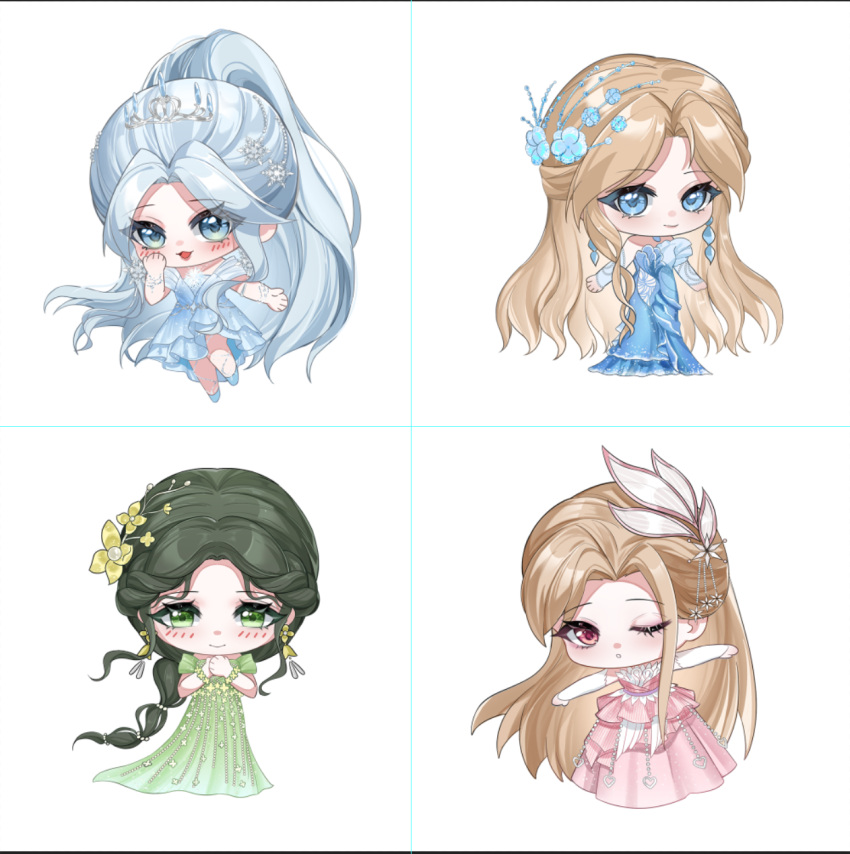 4girls, ;o, bare_shoulders, beads, black_hair, blonde_hair, blossoming_stars_(infinity_nikki), blue_dress