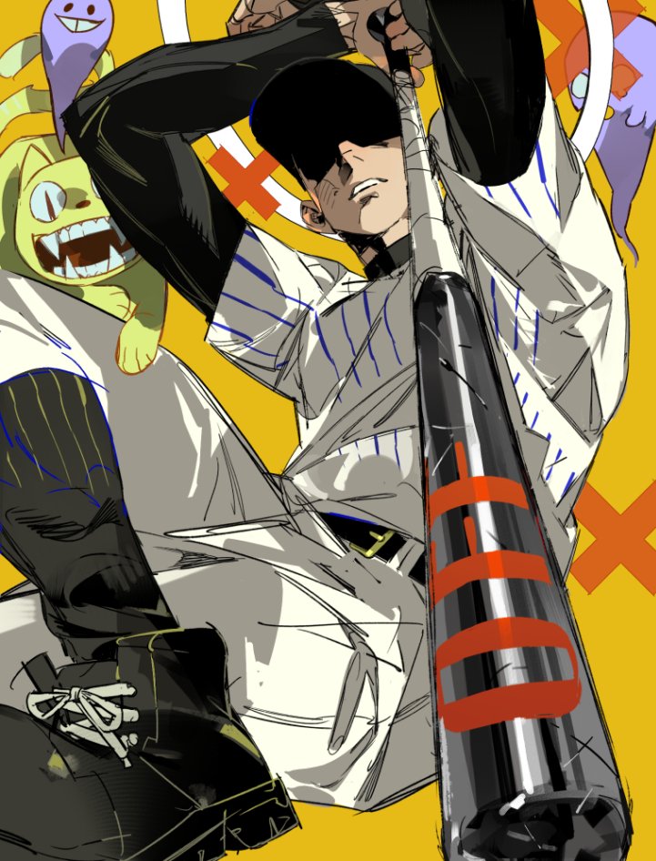 1boy, add-on_(off), arms_up, baseball_bat, baseball_cap, baseball_uniform, belt, black_belt