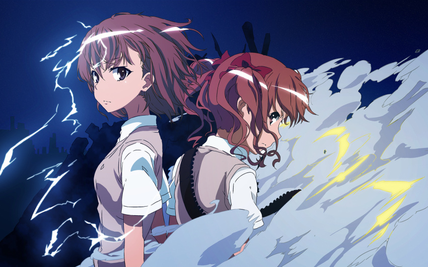 back-to-back, colored, electricity, esperanza_(wp), highres, misaka_mikoto, multiple_girls, night