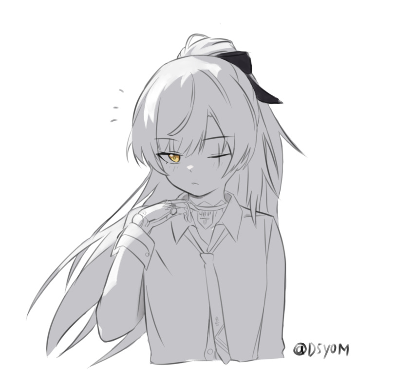 1girl, collared_shirt, d5y0m, girls'_frontline_2:_exilium, girls_frontline, greyscale, highres, leva_(girls'_frontline_2)