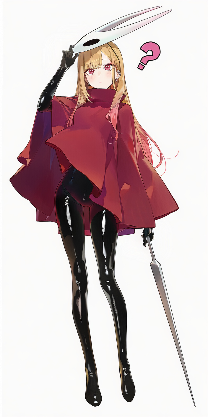 1girl, cloak, drowsy_sheep, full_body, highres, holding, hollow_knight, hollow_knight:_silksong, horned_mask, hornet_(hollow_knight), kitagawa_marin, mask, needle_(hollow_knight), red_cloak, simple_background, solo, sono_bisque_doll_wa_koi_wo_suru, standing, weapon, white_background