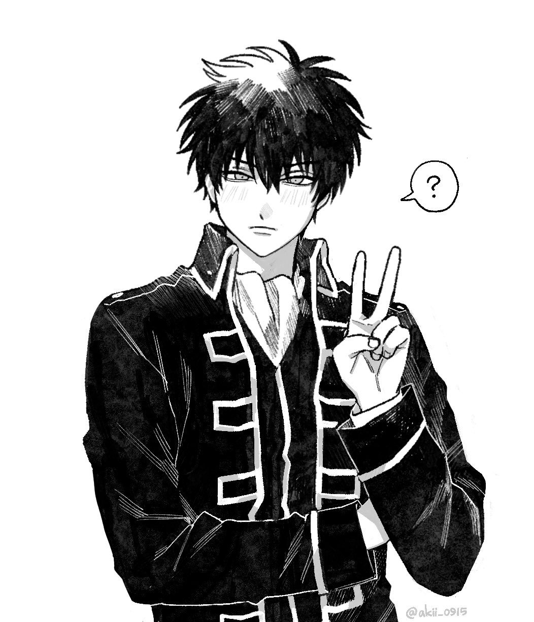 1boy, ?, akii_0915, arm_up, ascot, blush, closed_mouth, collared_jacket