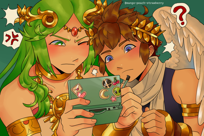 1boy, 1girl, 3ds, ?, absurdres, ahoge, angel, angel_wings, anger_vein, blue_eyes, brown_hair, chain, circlet, collarbone, gold_chain, green_background, green_eyes, green_hair, handheld_game_console, heart, highres, holding, holding_handheld_game_console, holding_stylus, kid_icarus, kid_icarus_uprising, kid_icarus_uprising_tutorial_redraw_(meme), laurel_crown, mango-peach-strawberry, meme, nintendo_3ds, one_eye_closed, palutena, pit_(kid_icarus), sticker, stylus, super_smash_bros., super_smash_bros._logo, tumblr_username, wings