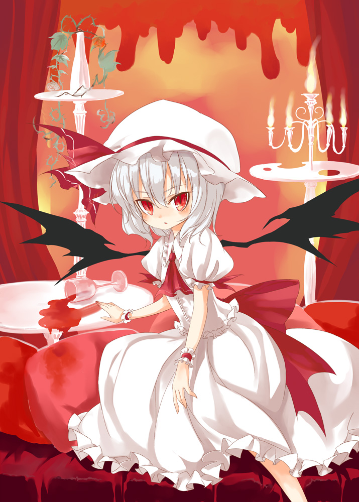bat_wings, blood, candlestick, dress, flower, futaki_nia, glass, hat