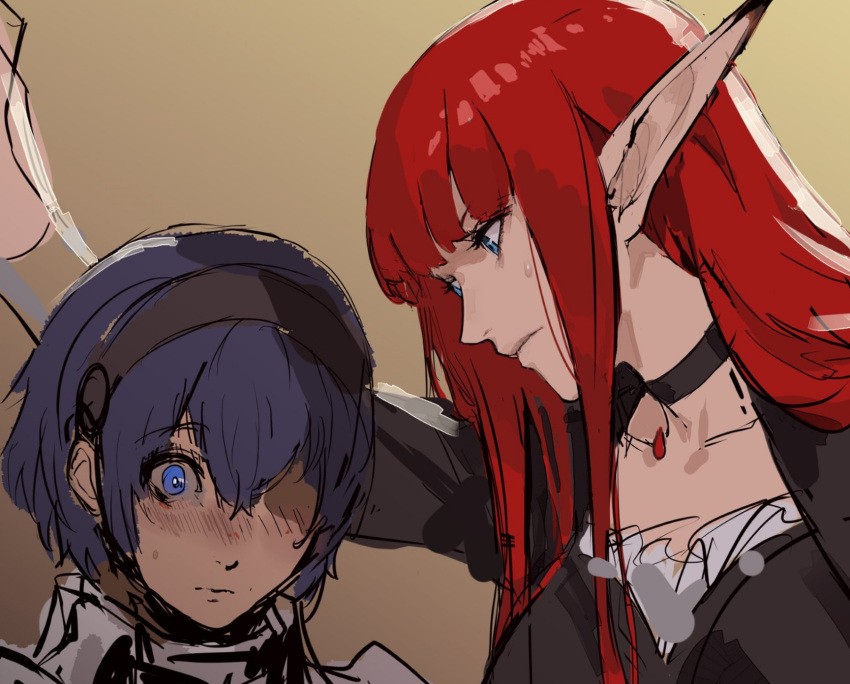 1boy, 1girl, against_wall, assertive_female, blue_eyes, blue_hair, blush, height