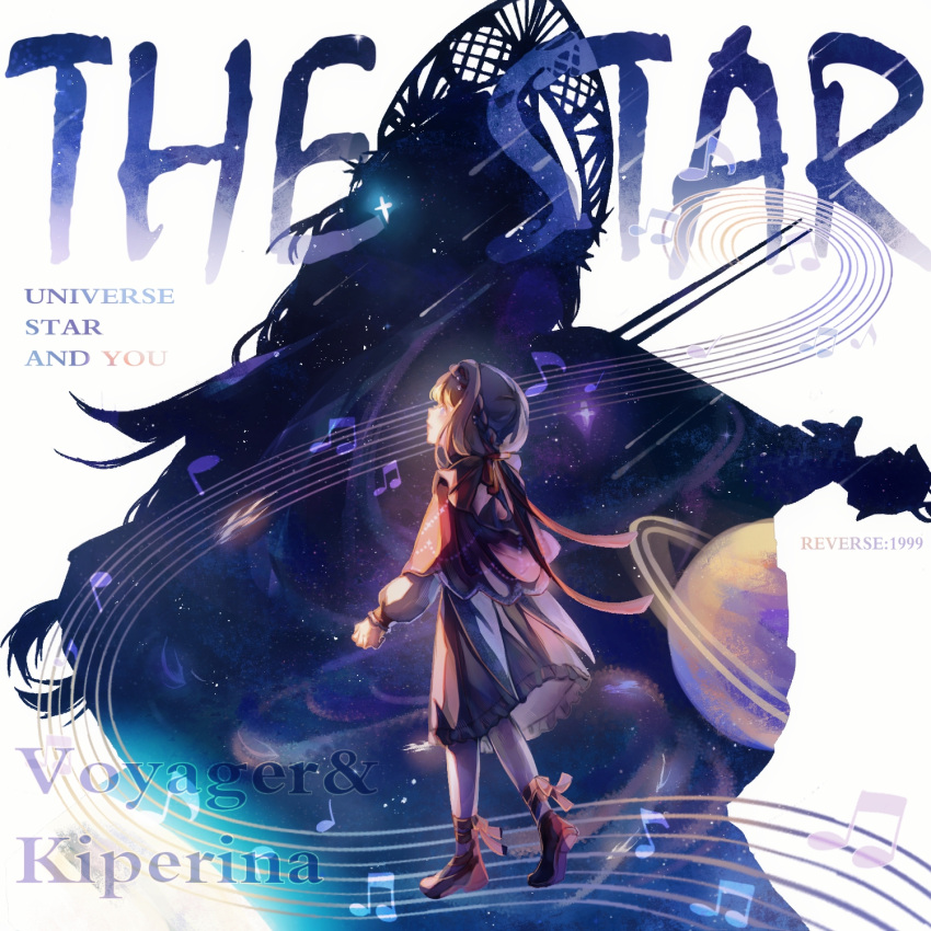 2girls, ankle_ribbon, backlighting, beamed_eighth_notes, blonde_hair, blue_eyes, braid, braided_bangs, brown_dress, character_name, cloak, dress, eighth_note, english_text, from_side, highres, kiperina, leg_ribbon, long_hair, low_ponytail, medium_dress, multiple_girls, musical_note, musical_staff, official_alternate_costume, planet, ponytail, profile, red_cloak, red_ribbon, red_shoes, reverse:1999, ribbon, shoes, silhouette, space, star_(sky), voyager_(choir_of_the_stars)_(reverse:1999), voyager_(reverse:1999), walking, white_background, yi_zui_hua_yue