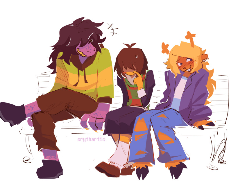 1other, 2girls, artist_name, bench, black_shoes, blush, brown_hair, brown_shoes, closed_eyes, colored_teeth, costume_switch, crythartic, deer_girl, deltarune, denim, furry, furry_female, group_costume_switch, hair_over_eyes, highres, hooves, jacket, jeans, kris_(deltarune), long_hair, long_sleeves, multiple_girls, noelle_holiday, pants, plaid_clothes, plaid_sweater_vest, purple_jacket, shirt, shoes, sitting, sketch, skirt, smile, socks, striped_clothes, striped_shirt, susie_(deltarune), sweatdrop, sweater_vest, torn_clothes, torn_jeans, torn_pants, utdr_(toby_fox), white_background, white_shirt, yellow_teeth