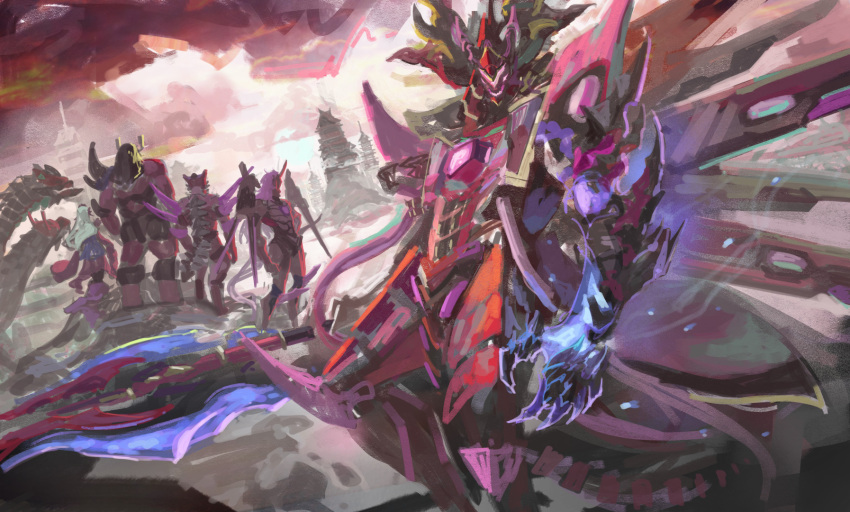 1girl, 4boys, armor, commentary_request, duel_monster, full_armor, highres, holding