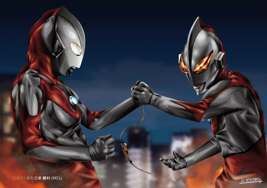 2boys, alien, artist_name, battle, blurry, blurry_background, building, burning
