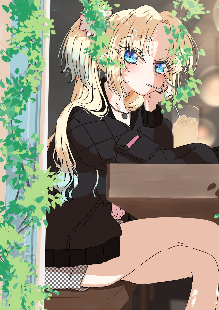 1girl, black_jacket, black_shorts, blonde_hair, blue_eyes, blue_hair, checkered_clothes, checkered_shorts