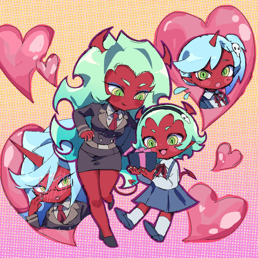 4girls, aged_down, blue_hair, blush, child, colored_skin, demon_girl, demon_horns