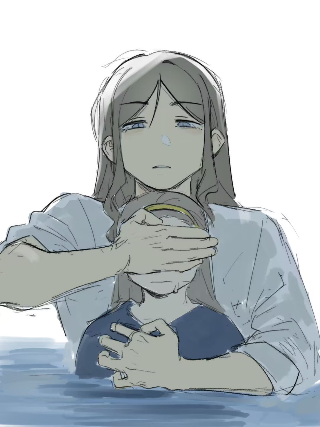 2girls, aged_down, arm_around_chest, arm_up, bang_dream!, bang_dream!_it's_mygo!!!!!, bangs_pinned_back, behind_another, blue_pupils, blue_shirt, brown_hair, child, clone, covering_another's_eyes, grey_shirt, hairband, highres, long_hair, lowered_eyelids, multiple_girls, nagasaki_soyo, ocean, open_mouth, parted_lips, seal_in_somalia, shirt, sleeves_rolled_up, sweatdrop