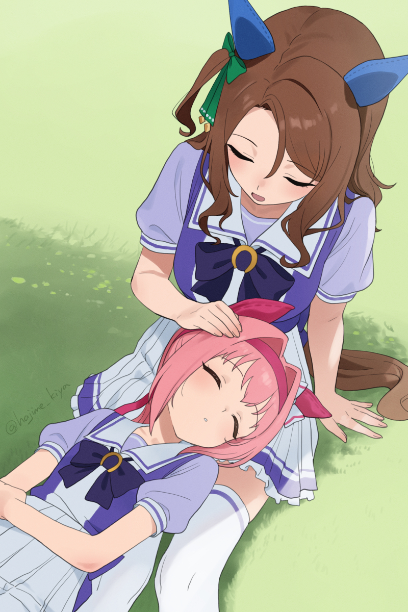 2girls, bow, bowtie, brown_hair, closed_eyes, ear_covers, haru_urara_(umamusume), highres