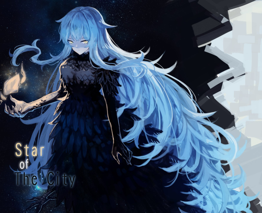 1girl, angela_(project_moon), black_background, black_dress, black_feathers, black_gloves, blue_hair, closed_mouth