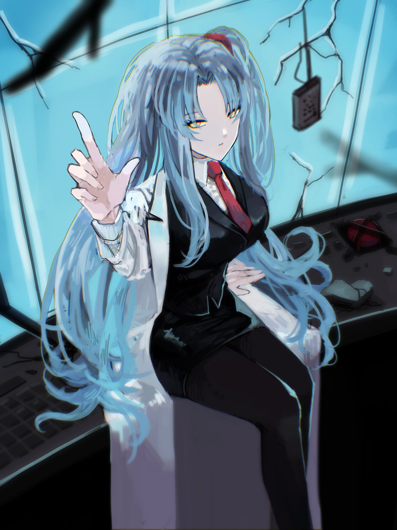 1girl, angela_(project_moon), black_pantyhose, black_skirt, black_vest, blue_hair, breasts, coat