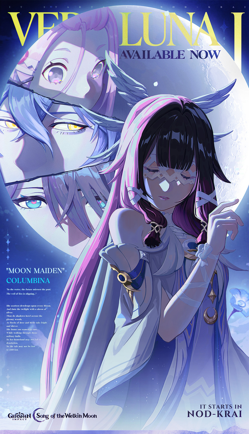 1boy, 3girls, absurdres, aino_(genshin_impact), black_hair, closed_eyes, columbina_(genshin_impact), commentary