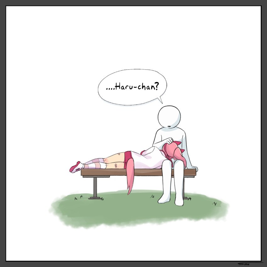 1girl, 1other, animal_ears, bandaid, bandaid_on_leg, bench, bow, buruma