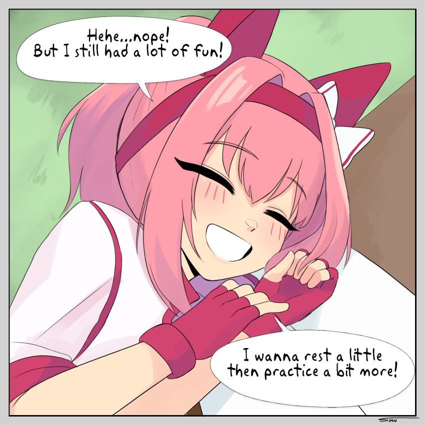 1girl, 1other, :d, ^_^, animal_ears, bandaid, bandaid_on_leg, blush