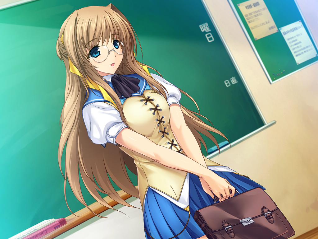 1girl, :d, ascot, bag, black_ascot, blue_eyes, blue_skirt, breasts