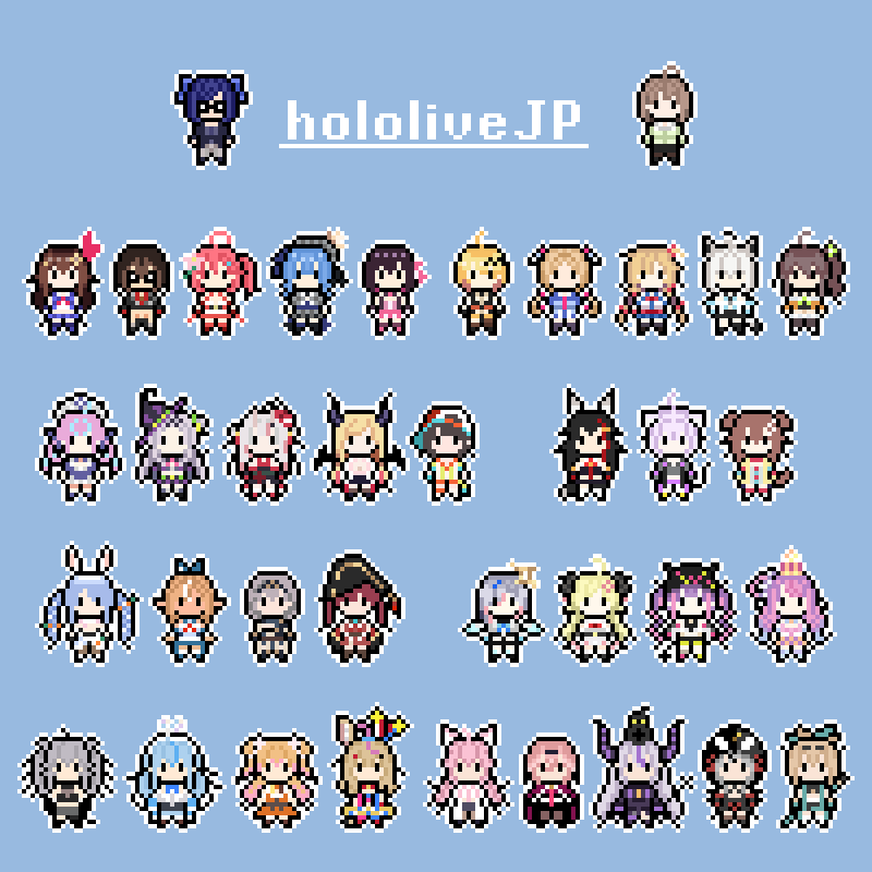 6+girls, a-chan_(hololive), ahoge, akai_haato, aki_rosenthal, animal_ears, azki_(3rd_costume)_(hololive), azki_(hololive), black_hair, blonde_hair, blue_background, blue_hair, brown_hair, carrot_hair_ornament, cat_ears, cat_tail, commentary_request, copyright_name, costume_request, crow_(la+_darknesss), crown, dog_ears, dog_tail, dot_vikky, everyone, flower, food-themed_hair_ornament, fox_ears, glasses, grey_hair, hair_flower, hair_ornament, hakui_koyori, harusaki_nodoka, hat, himemori_luna, hololive, horns, hoshimachi_suisei, hoshimachi_suisei_(1st_costume), inugami_korone, kazama_iroha, minato_aqua, minato_aqua_(1st_costume), momosuzu_nene, multiple_girls, murasaki_shion, nakiri_ayame, natsuiro_matsuri, nekomata_okayu, omaru_polka, omaru_polka_(1st_costume), ookami_mio, ookami_mio_(1st_costume), oozora_subaru, oozora_subaru_(1st_costume), pink_hair, pirate_hat, pixel_art, pointy_ears, purple_hair, red_hair, roboco-san, sakamata_chloe, sakura_miko, shirakami_fubuki, shiranui_flare, shirogane_noel, shishiro_botan, simple_background, tail, takane_lui, tokino_sora, tokoyami_towa, tsunomaki_watame, twintails, usada_pekora, usada_pekora_(1st_costume), virtual_youtuber, white_hair, witch_hat, wolf_ears, yozora_mel, yukihana_lamy, yuzuki_choco, yuzuki_choco_(1st_costume)