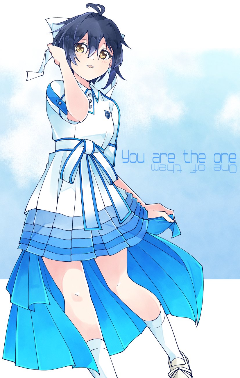 1girl, 22/7, anata_de_nakucha, antenna_hair, black_hair, blue_background, bow, brown_eyes, collared_dress, dress, foot_out_of_frame, hair_between_eyes, hair_bow, hand_in_own_hair, highres, open_mouth, shoes, short_hair, short_sleeves, socks, solo, song_name, takigawa_miu, trefle_r, white_bow, white_shoes, white_socks