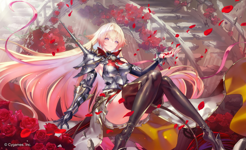 1girl, armor, blonde_hair, flower, gauntlets, gradient_hair, long_hair, marie=malisse