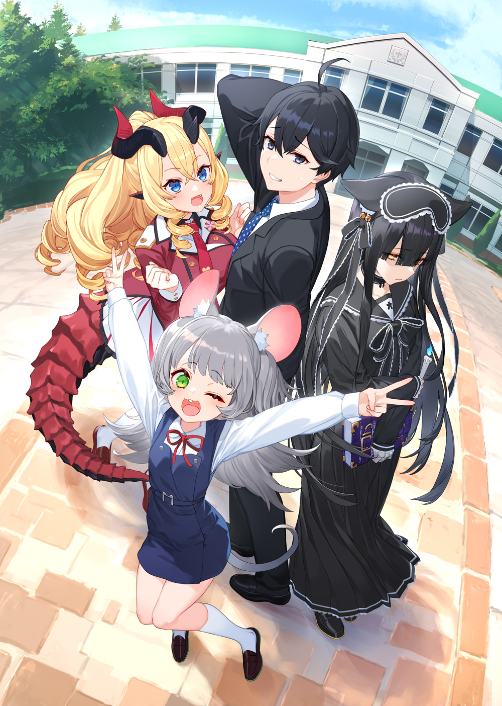 1boy, 3girls, :d, ;d, ahoge, animal_ear_fluff, animal_ears, arms_up