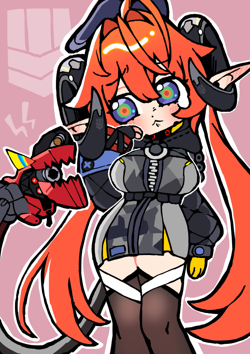 1girl, :<, absurdres, andii_(anzai_teachco), asymmetrical_gloves, black_gloves, black_thighhighs, blue_hat