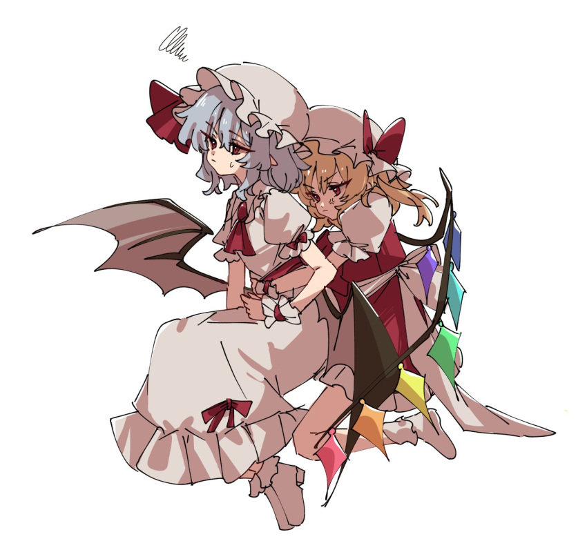 2girls, ascot, bat_wings, blonde_hair, blue_hair, bow, closed_mouth, collared_shirt