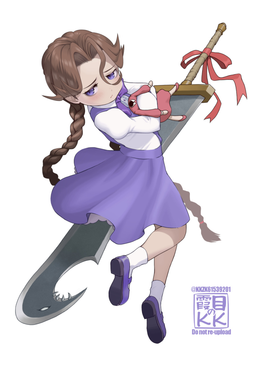 1girl, anita_(darkstalkers), braid, brown_hair, closed_mouth, darkstalkers, doll, dress