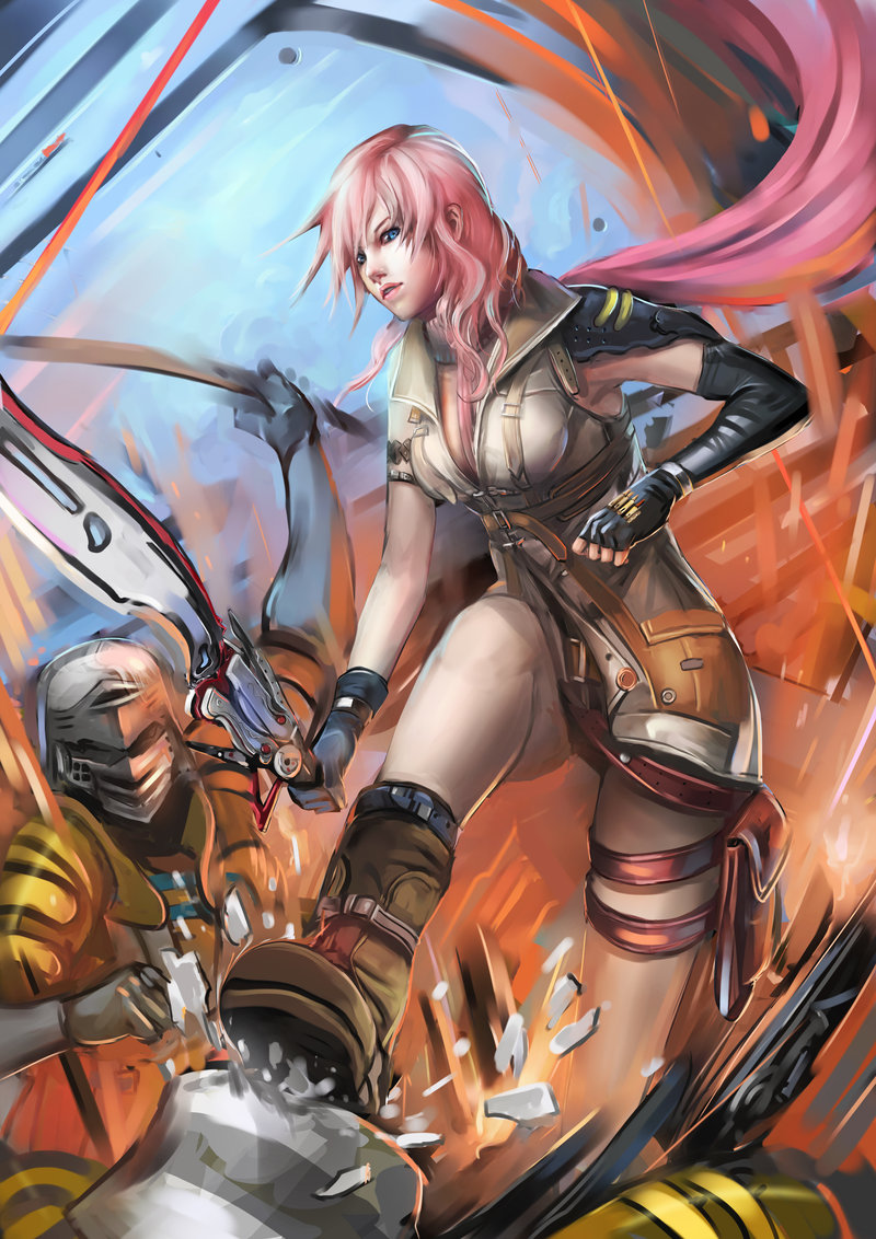 asymmetrical_clothing, bangs, blue_eyes, boots, cape, elbow_gloves, fighting, final_fantasy, final_fantasy_xiii, fingerless_gloves, gloves, helmet, kicking, leather_gloves, lightning_farron, lipstick, long_hair, makeup, narongchai_singhapand, pink_hair, pink_lipstick, readman, short_shorts, shorts, shoulder_pads, stepped_on, sword, thigh_strap, trample, turtleneck, weapon