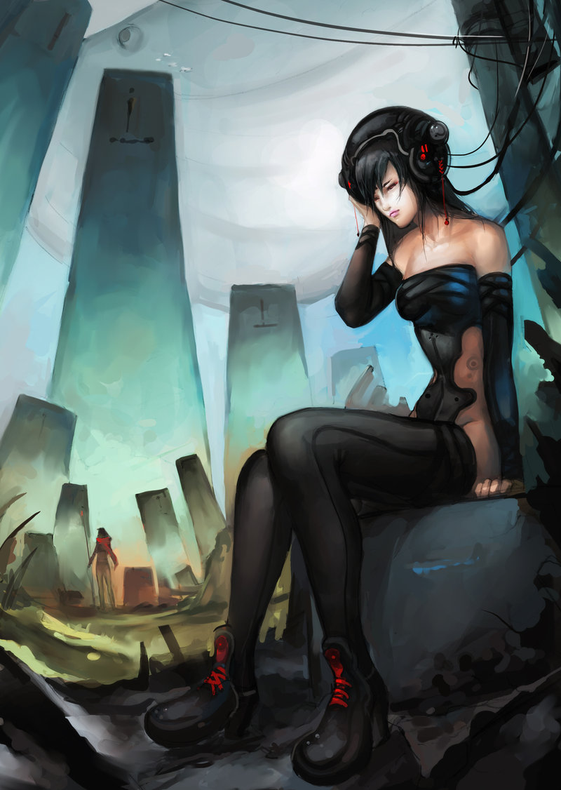 bangs, bare_shoulders, black_hair, closed_eyes, eyes_closed, headphones, high_heels, lipstick