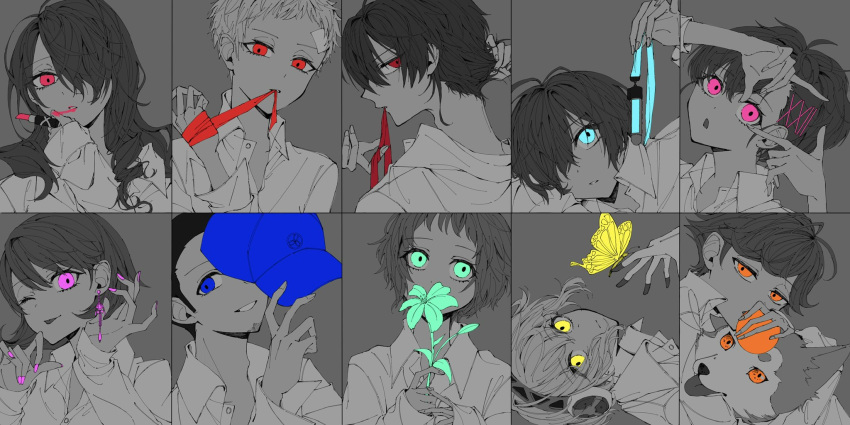 5boys, 5girls, :o, :p, aigis_(persona), amada_ken, android, antenna_hair
