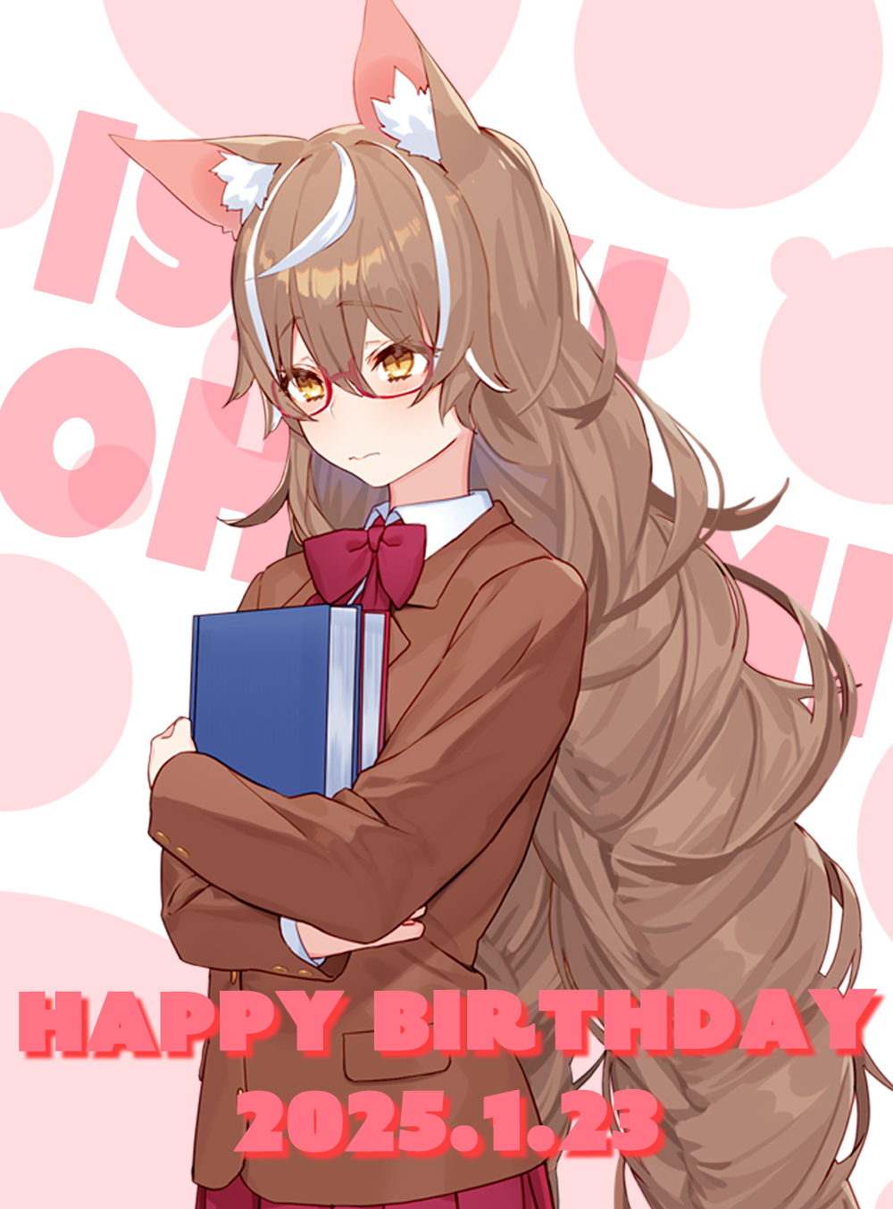 1girl, animal_ear_fluff, animal_ears, blush, book, bow, bowtie, braid