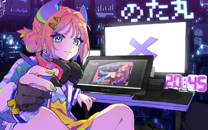 1girl, ako-chan_(notamaru_2), black_gloves, blue_shirt, blush_stickers, closed_mouth, commentary_request, computer_keyboard
