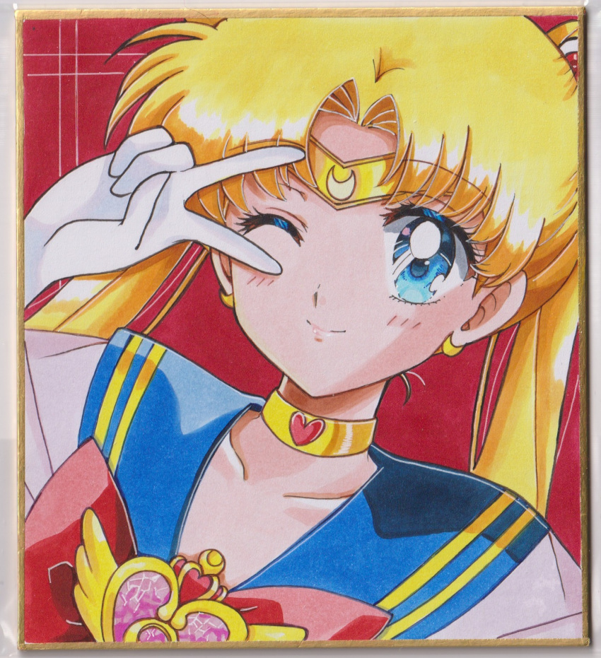 1girl, ;), bishoujo_senshi_sailor_moon, blonde_hair, blue_eyes, blue_sailor_collar, blush, bow