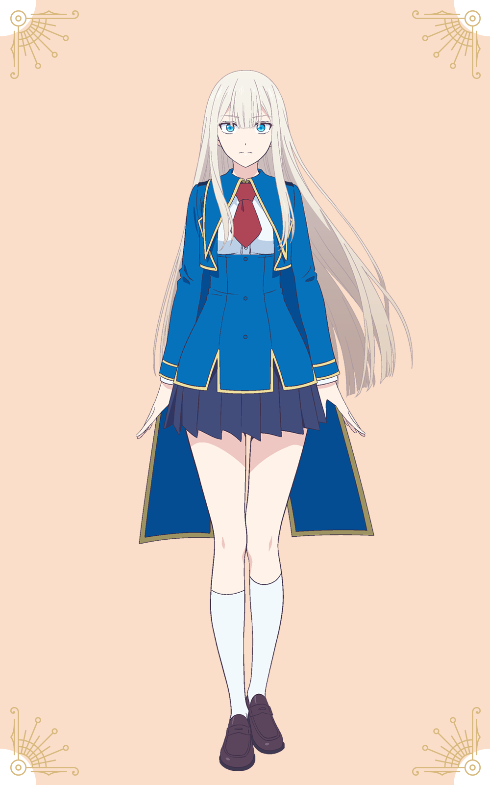 1girl, anime_coloring, blonde_hair, blue_eyes, blue_jacket, blue_sailor_collar, brown_shoes, closed_mouth, collared_shirt, elena_kimberlight, full_body, grey_skirt, highres, jacket, kinsou_no_vermeil, loafers, long_hair, long_sidelocks, long_sleeves, looking_at_viewer, necktie, official_art, open_hands, orange_background, pleated_skirt, red_necktie, sailor_collar, school_uniform, shirt, shiwasu_takashi, shoes, sidelocks, simple_background, skirt, socks, solo, standing, tachi-e, tsurime, very_long_hair, white_shirt, white_socks
