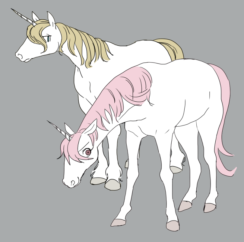 animal_focus, blonde_hair, grey_background, hooves, ikkakujuu_wa_tsuranukanai, ikuta_semi, no_humans, pink_hair