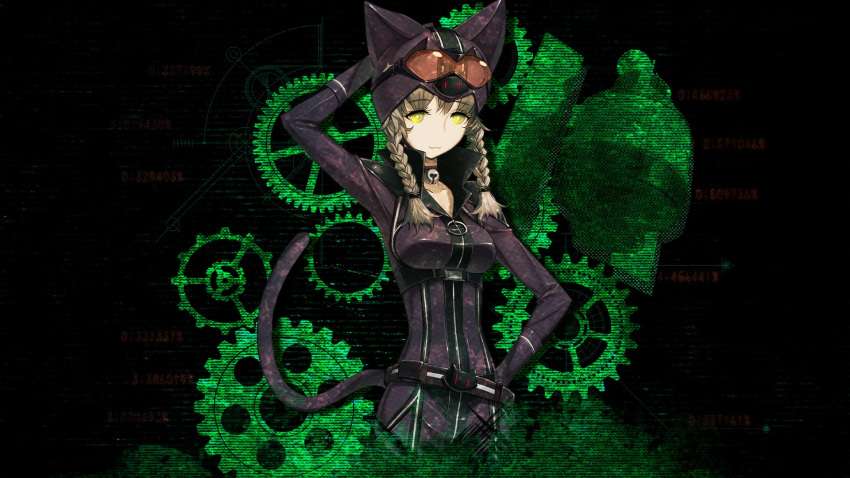 1girl, :3, amane_suzuha, amane_suzuha_(chat_noir), animal_ears, belt, belt_around_waist, black_gloves, braid, breasts, brown_hair, cat_belt_buckle, cat_headgear, chat_noir_costume_(steins;gate), game_cg, gloves, goggles, goggles_on_head, highres, huke, long_hair, looking_at_viewer, medium_breasts, multiple_girls, official_art, official_wallpaper, ringed_eyes, science_adventure, smile, solo, square_pupils, steins;gate, steins;gate:_linear_bounded_phenogram, tail, twintails, yellow_eyes